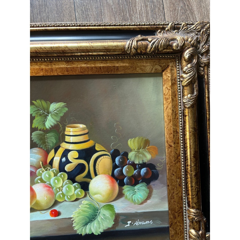 J Abrams Signed Still Life Oil Painting Ornate Gold Wood Frame Fruit Grapes - Picture 5 of 8